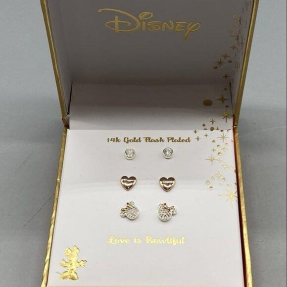 NWT Disney 14K Gold Plated Love is Bowtiful 3 pairs earrings - Picture 1 of 2